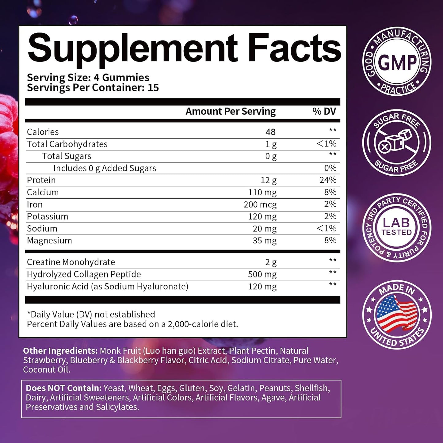 3 in 1 Whey Protein Gummies | Creatine Monohydrate | Collagen, 0 Sugar, Pure Protein Source, Muscle & Energy Support, Berry Flavor, for Women and Men