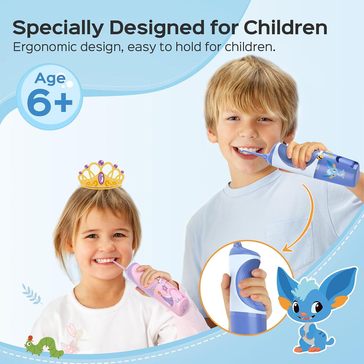 COSLUS C31 Kids Water Dental Flosser, Safe & Gentle for Ages 6+, Blue White
