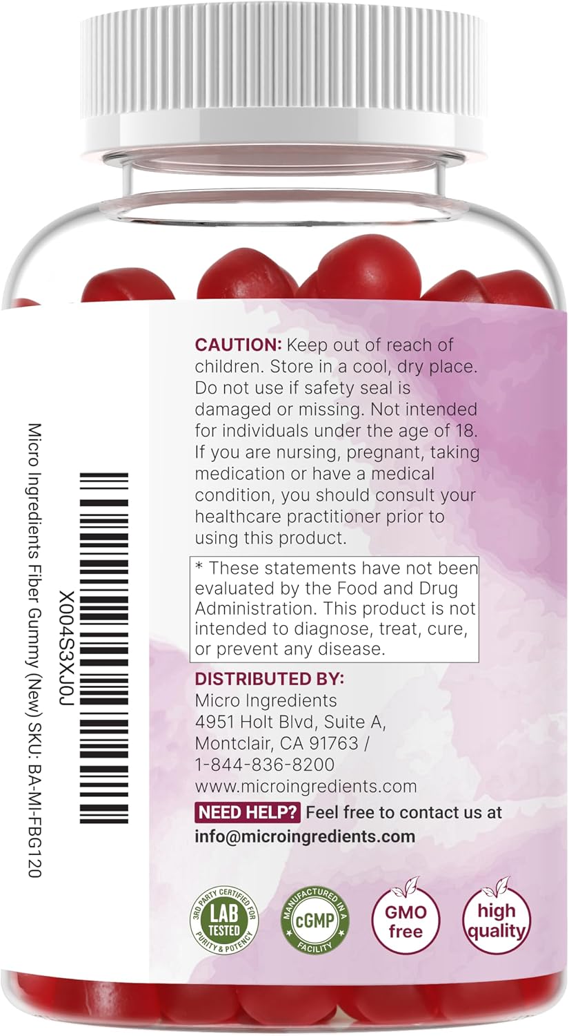 Micro Ingredients Fiber Gummies with Probiotics, 120 Count | 6g Per Serving + 2 Billion CFU | Sugar Free Peach Cherry Flavor | High Fiber Supplement for Women & Men | Non-GMO, Gluten Free