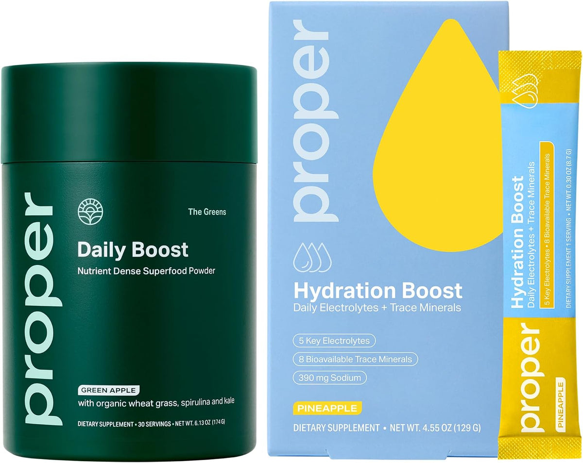 Proper, The Greens Daily Boost Organic Greens Powder + Hydration Sticks – Electrolyte Powder Drink Mix Packets with Trace Minerals