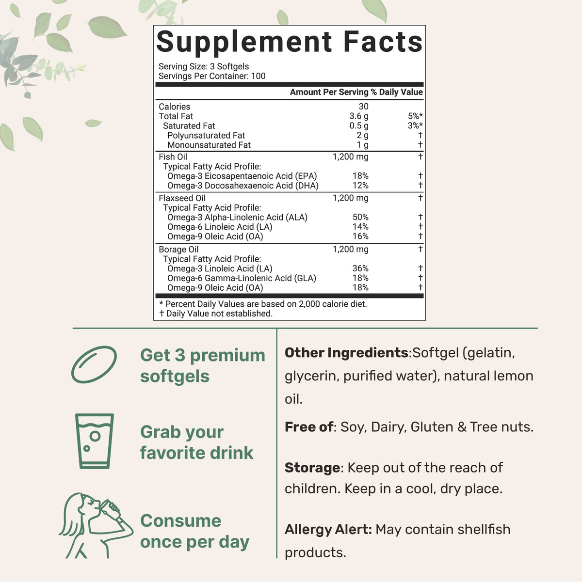 Ultra Omega 3-6-9 3600mg Perserv, 300 Burpless Softgels | Lemon Flavor