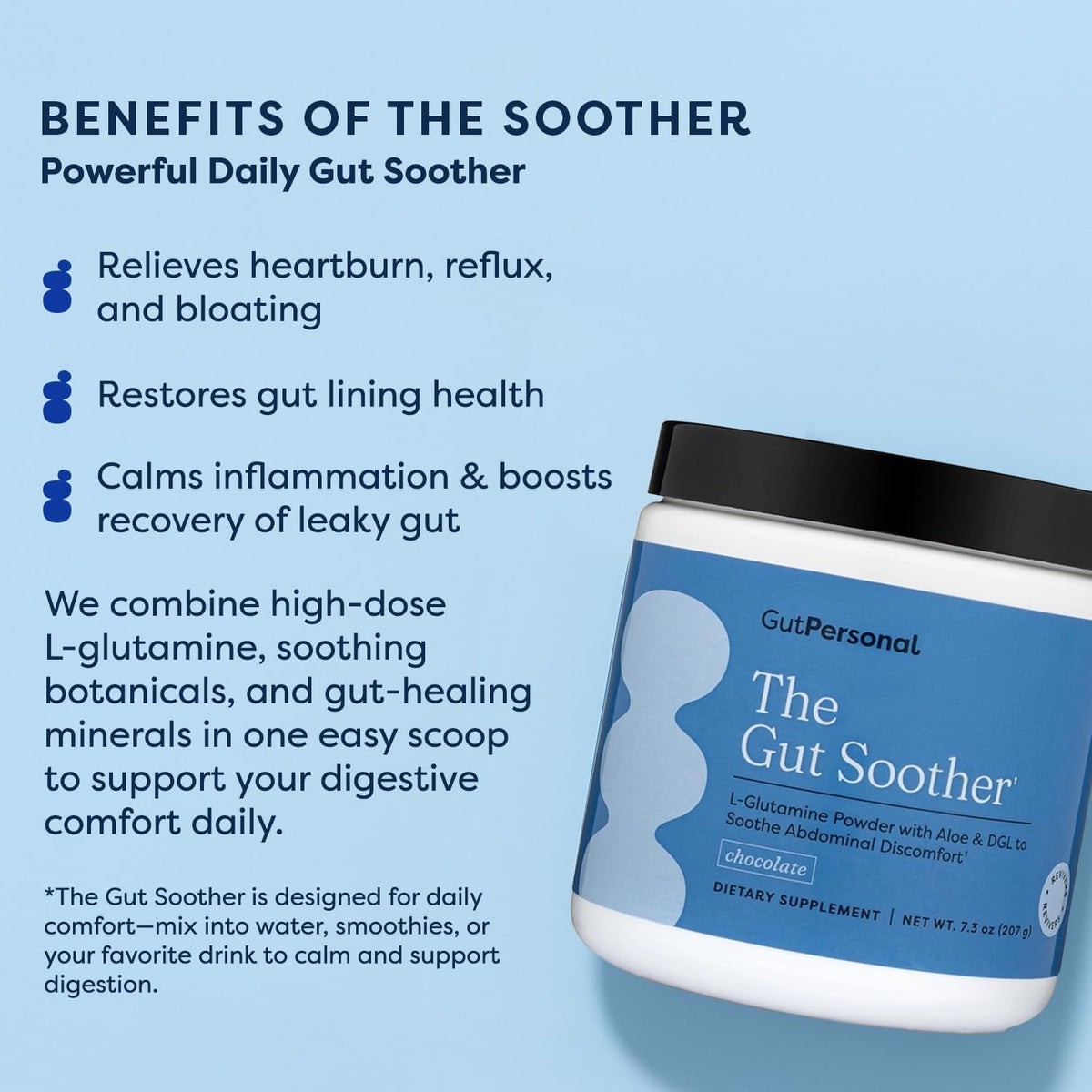 GutPersonal The Gut Soother L-Glutamine Powder Supplement: Restore Gut Lining, Soothe Digestive Discomfort While Promoting Overall Gut Health, 30 Servings (Chocolate)