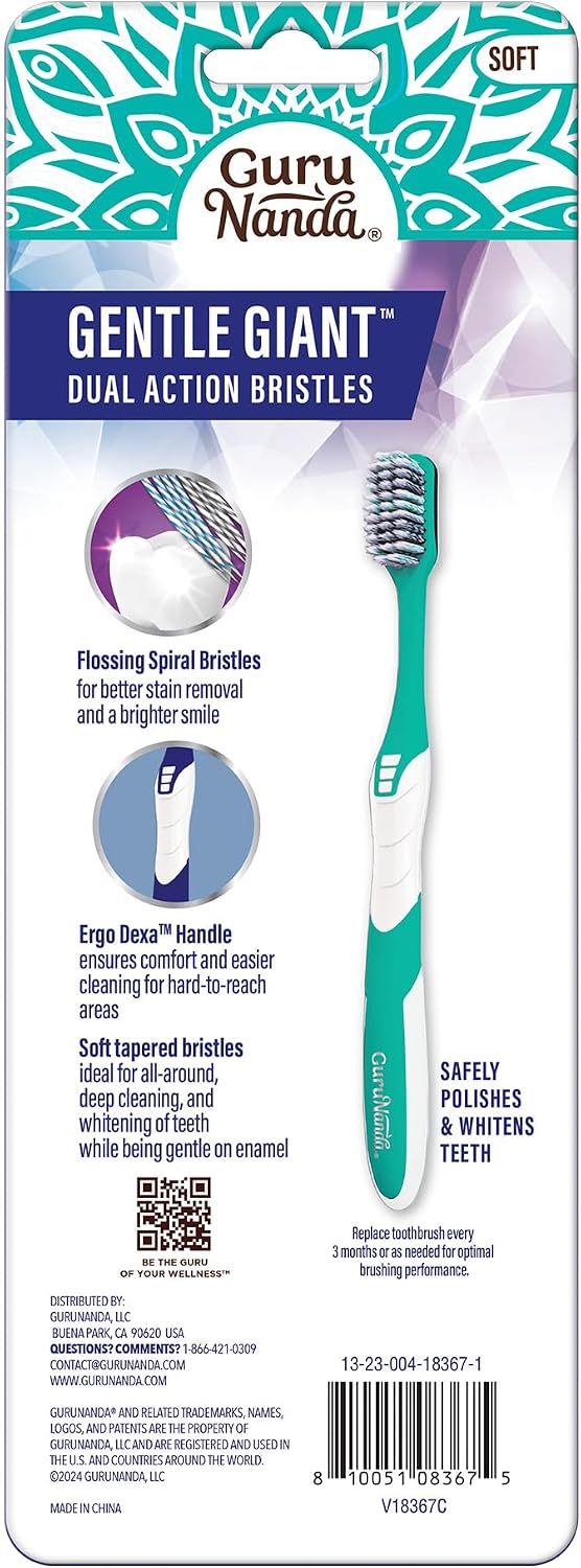 GuruNanda Gentle Giant Toothbrush with Dual Action Flossing Spiral Bristles, Non-Slip Ergo Dexa Grip, Helps in Teeth Whitening, BPA Free Manual Toothbrushes, Assorted Colors, 4 Count