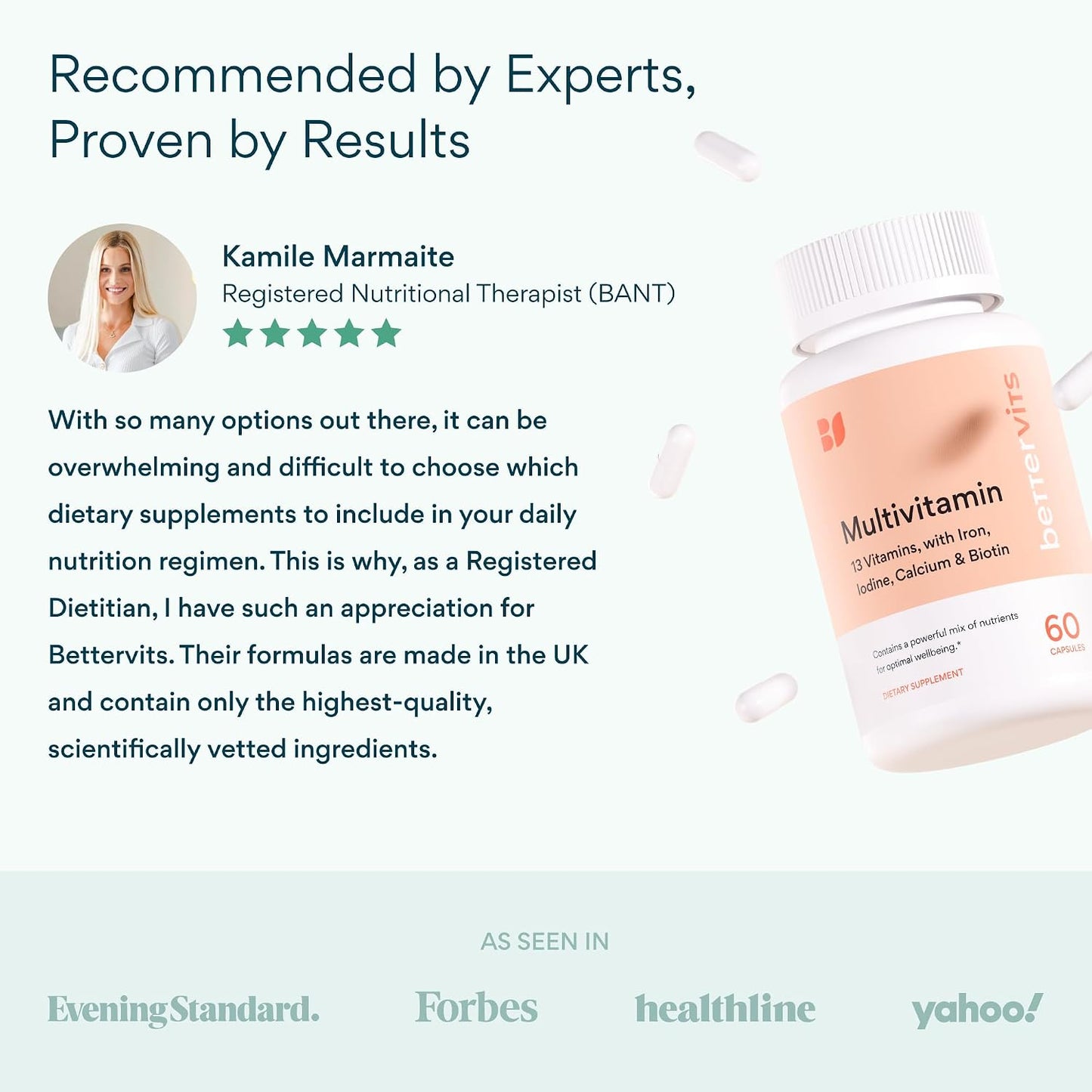 Bettervits Multivitamin for Women & Men | Womens Daily Multivitamin with 13 Essential Vitamins Iron, Iodine, Calcium and Biotin | Vitamins A, K2, D3, C, B1, B2, B3, B5, B6, B7, B9, B12 | 60 Capsules