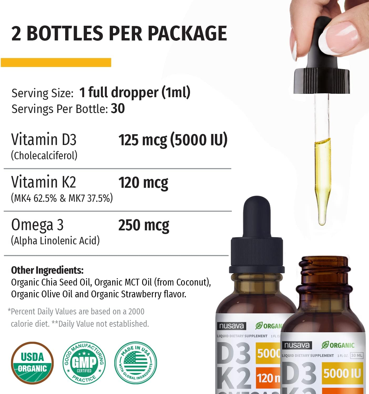 NUSAVA Strawberry Flavored D3 K2 Liquid Drops and Vanilla Flavored D3 K2 Liquid Drops Bundle - Potent Liquid Vitamins for Heart, Joint, Bone, Muscle, & Immune Support - Non-GMO, Gluten-Free, 2pk Each