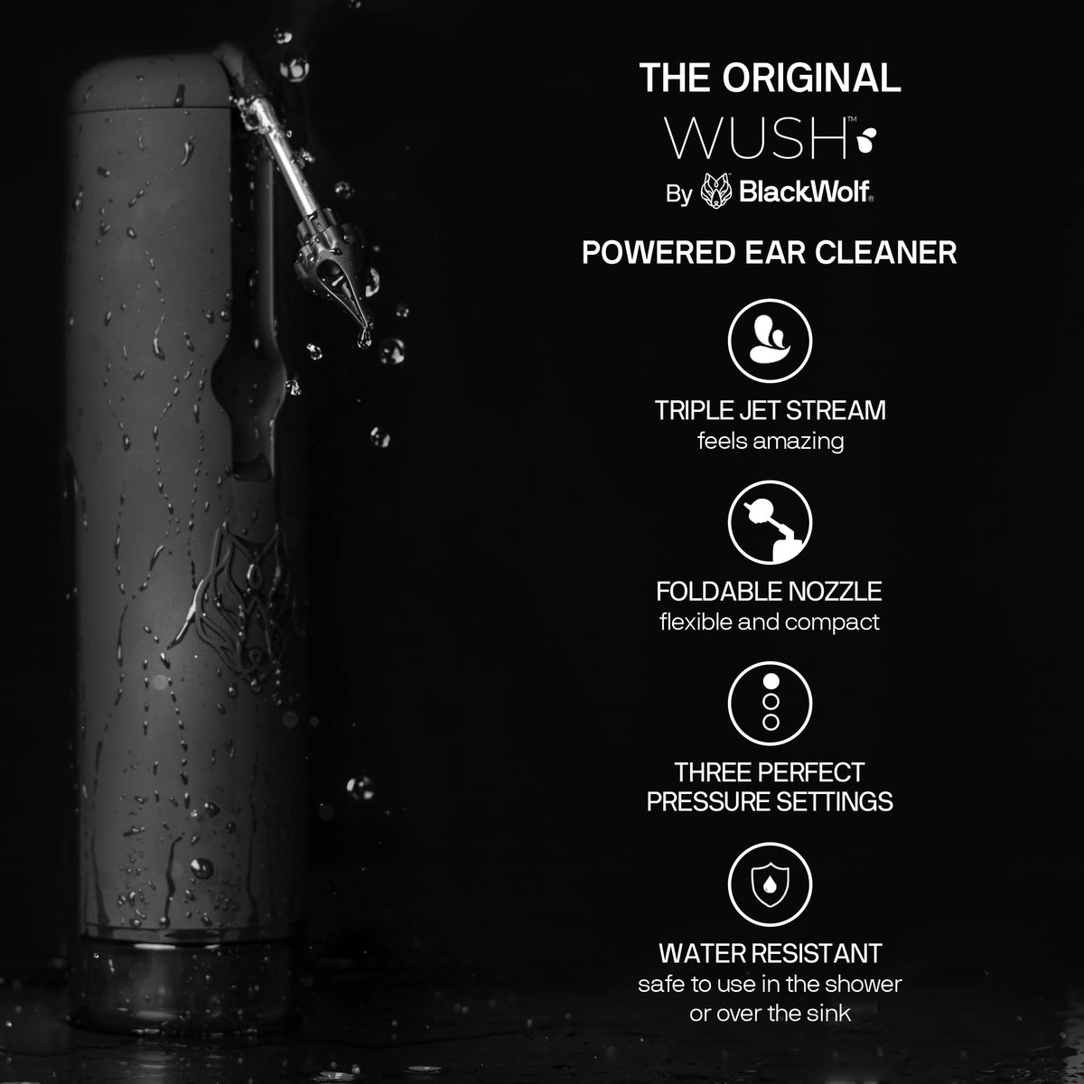 Wush Pro by Black Wolf - The Original Deluxe Water Powered Ear Cleaner with 6 Reusable