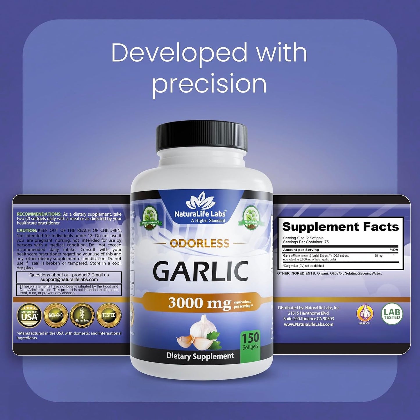 NaturaLife Labs Odorless Garlic – Concentrated 100:1 Garlic Extract with Olive Oil – 150 Softgels – Non-GMO, Gluten-Free