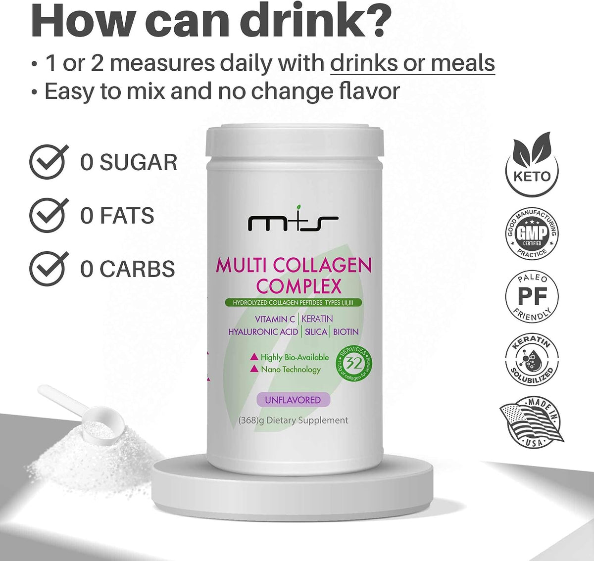 M+S Multi Collagen Complex – Hydrolyzed Collagen peptides, Types I, II, III for Skin, Hair, Nails and Joints – with Vitamin C, Hyaluronic Acid, Keratin, Biotin and Silica (Unflavored)