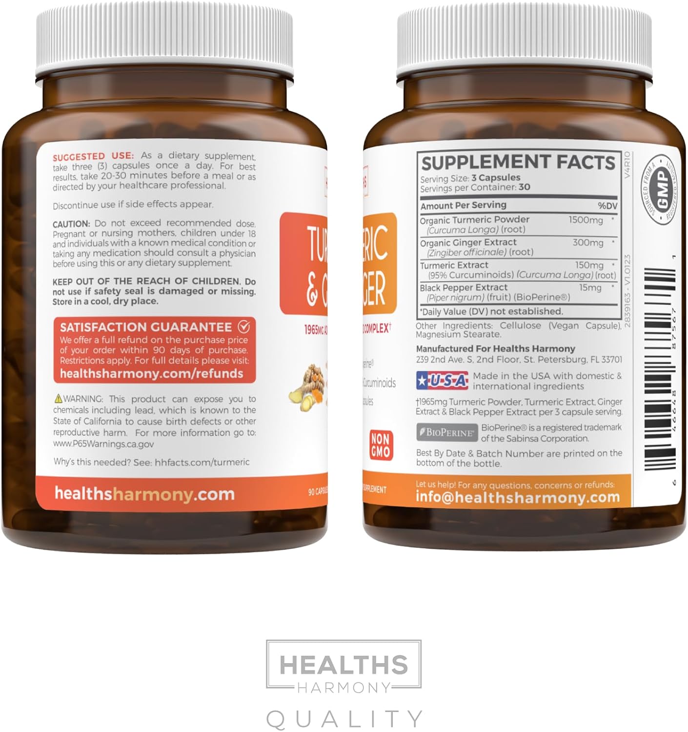 Turmeric and Ginger Supplement (Non-GMO) 1980mg Serving - Turmeric Curcumin with Black Pepper Bioperine, Ginger Extract, and 95% Curcuminoids Powder - Tumeric Joint Support Supplement - 90 Capsules
