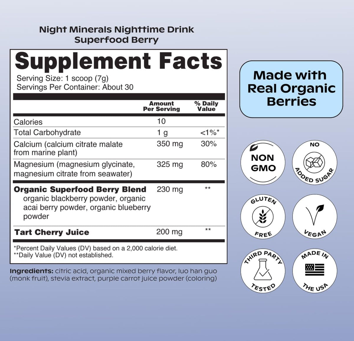 wholier Night Minerals Magnesium Glycinate & Calcium, Berry, 25 Servings
