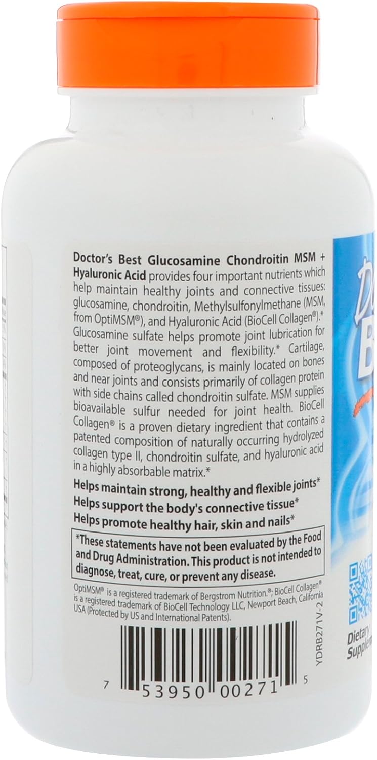 Doctor's Best Glucosamine Chondroitin MSM + Hyaluronic Acid with OptiMSM Featuring Biocell Collagen, Joint Support, Non-GMO, Gluten & Soy Free, 150 Caps