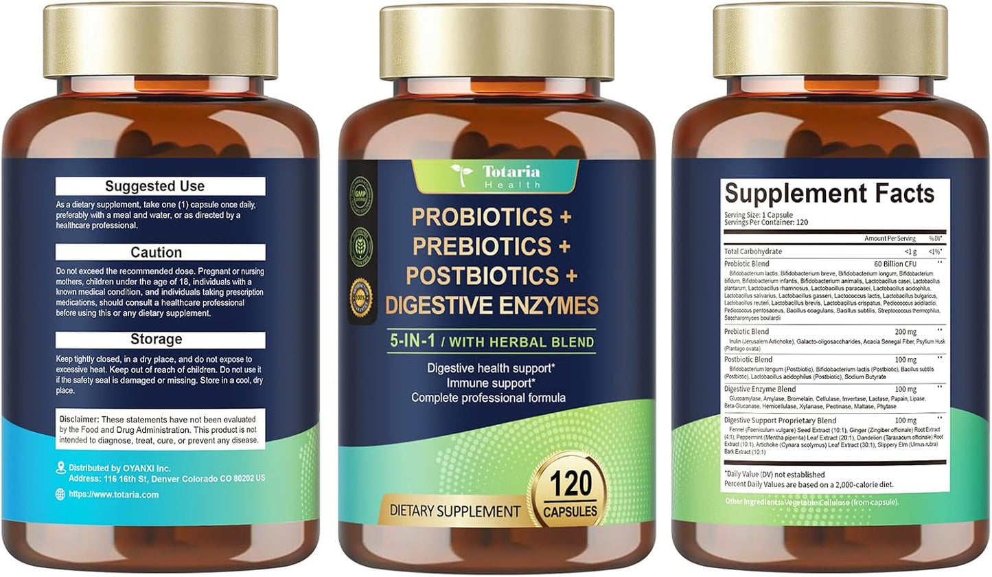 Totaria 5-in-1 60 Billion CFU Probiotic Prebiotic & Postbiotic for Women & Men, w/Digestive Enzymes, Slippery Elm, Daily Complete Gut Health, Digestive & Immune Support, 4 Month Supply, Vegan