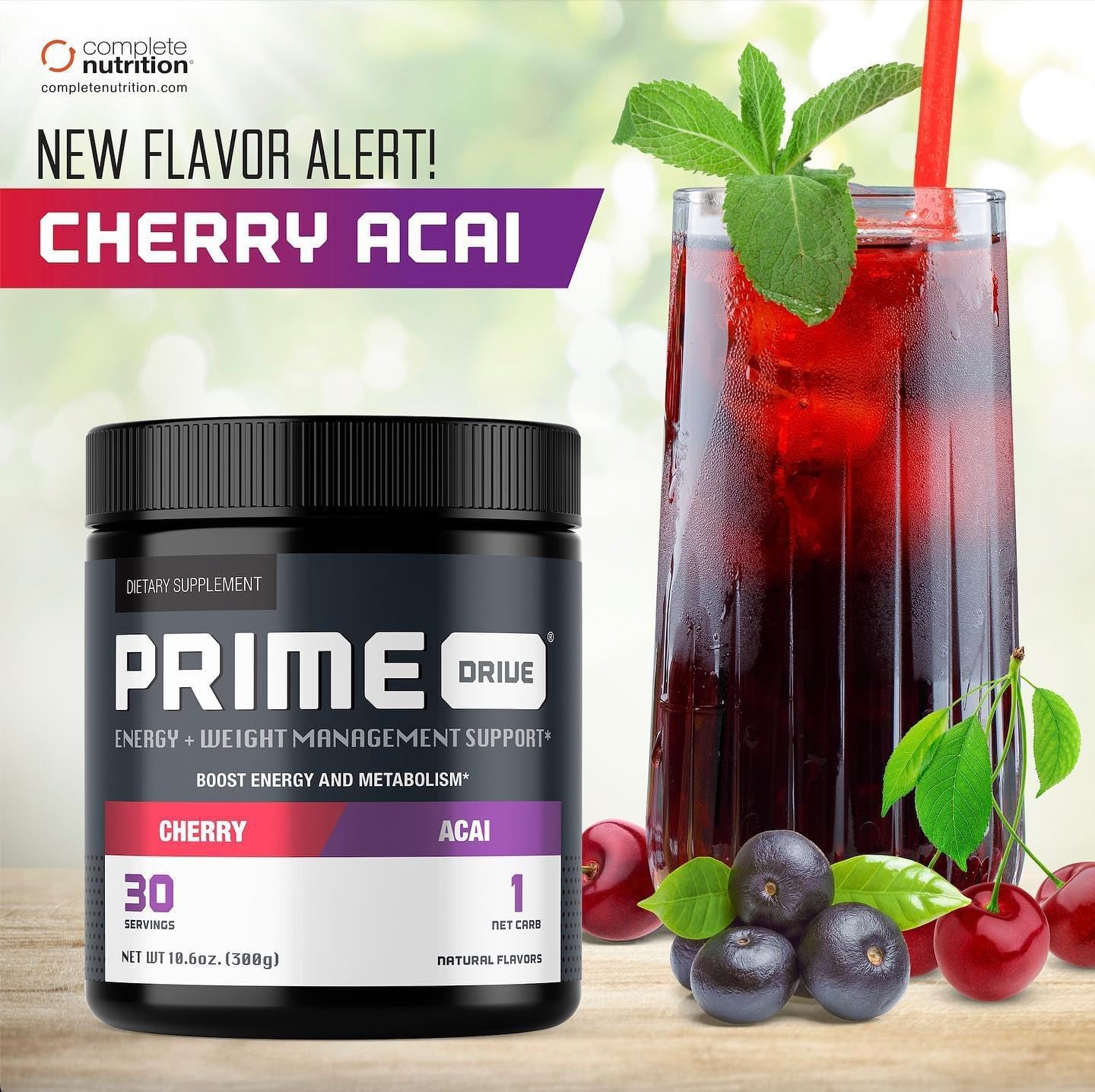 Prime Drive Energy Cherry Acai Pre Workout Energy Drink Powder, Provides Extreme Energy, Focus and Intensity, Boosts Metabolism (30 Servings)…
