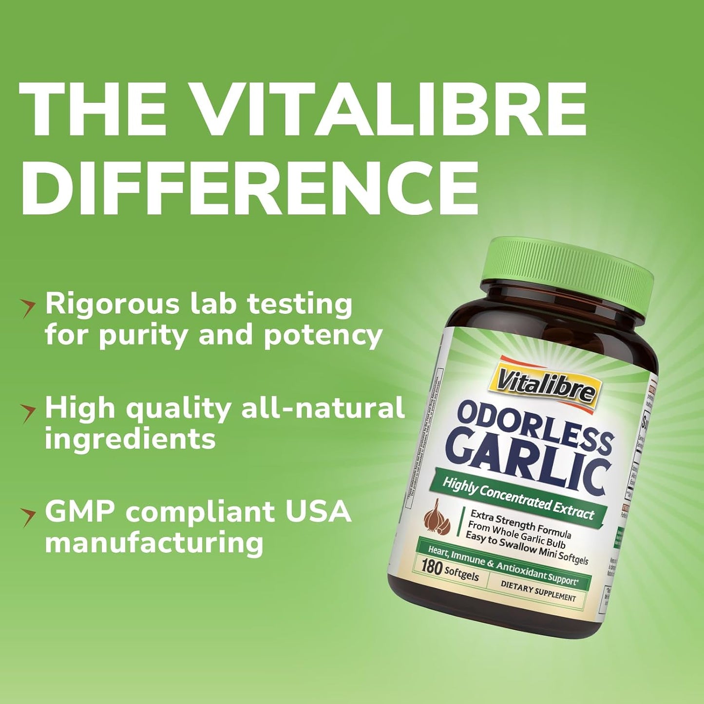 Odorless Garlic, Extra Strength Extract, Non-GMO, No Gluten, Heart & Immunity, Antioxidant Defense, 180 Softgels