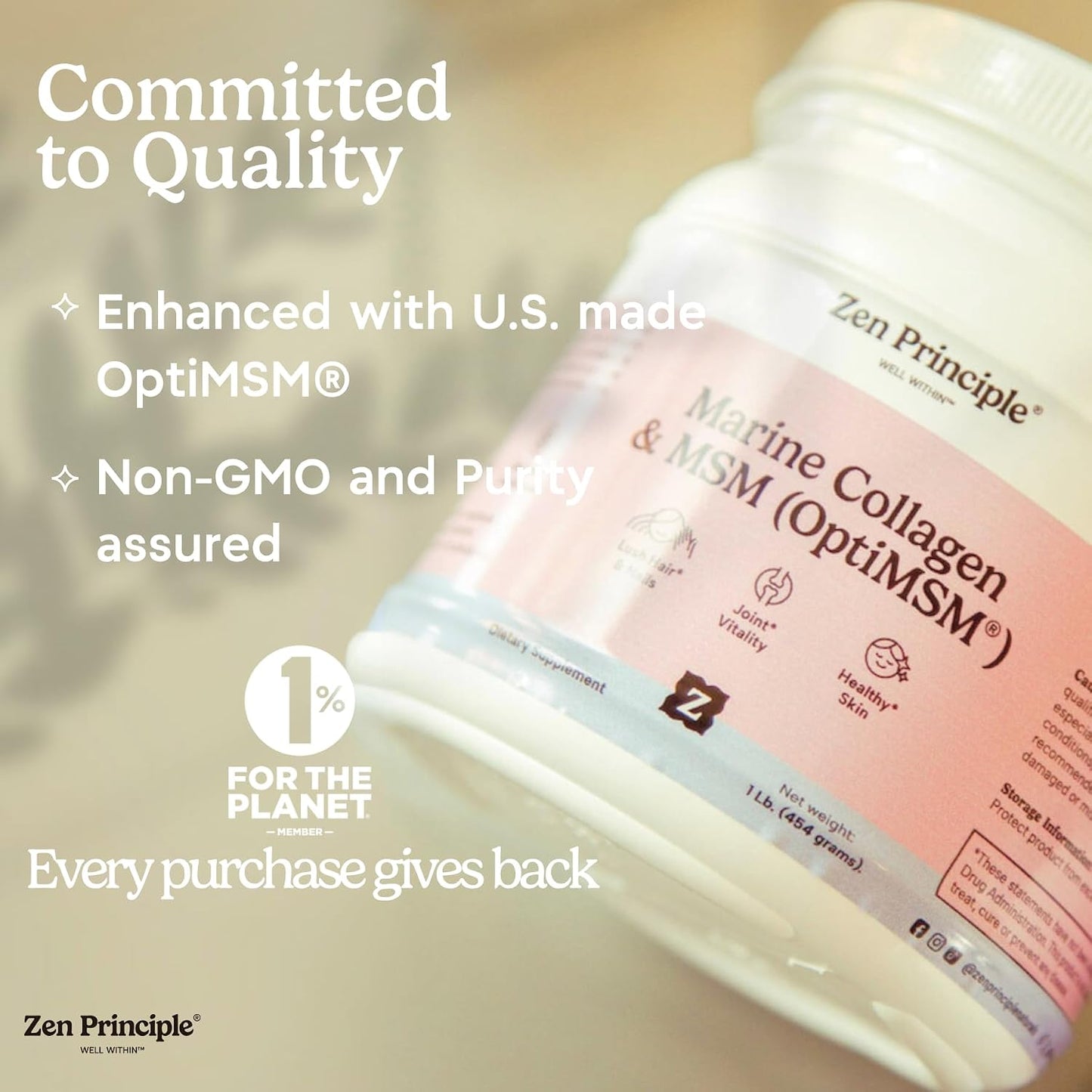 Zen Principle Marine Collagen Peptides Powder with OptiMSM® Supplement. Supports Skin Health & Appearance in Women. Wild-Caught Fish, Non-GMO. Hydrolyzed Type 1, 2, 3 & 4 Collagen, 16 oz.