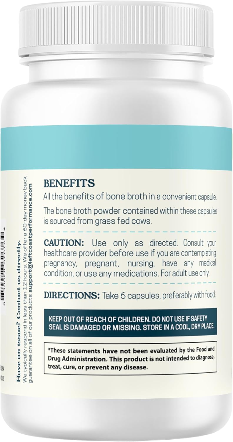 Grass-Fed Bone Broth Capsules with Collagen from Organic Bone Broth Powder. Collagen Supplement for Nails, Hair, Joints and Digestive Health* Support. Gut Friendly-Ingredients, 180 Capsules