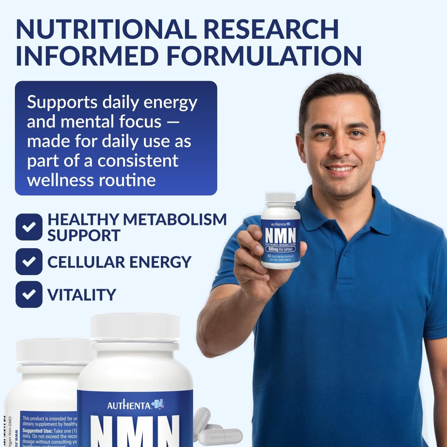 NMN Supplement 600 mg/Capsule Once Daily | 99% Pure Beta Nicotinamide Mononucleotide | Potent NAD⁺ Precursor | Supports Cellular Energy & Metabolism | Vegan, Non-GMO, Third-Party Tested & Gluten-Free