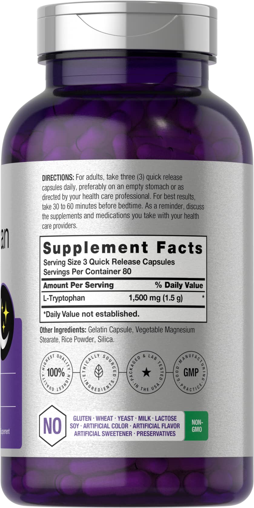 L Tryptophan 1500mg Capsules | 240 Count | Nighttime Formula | Non-GMO, Gluten Free