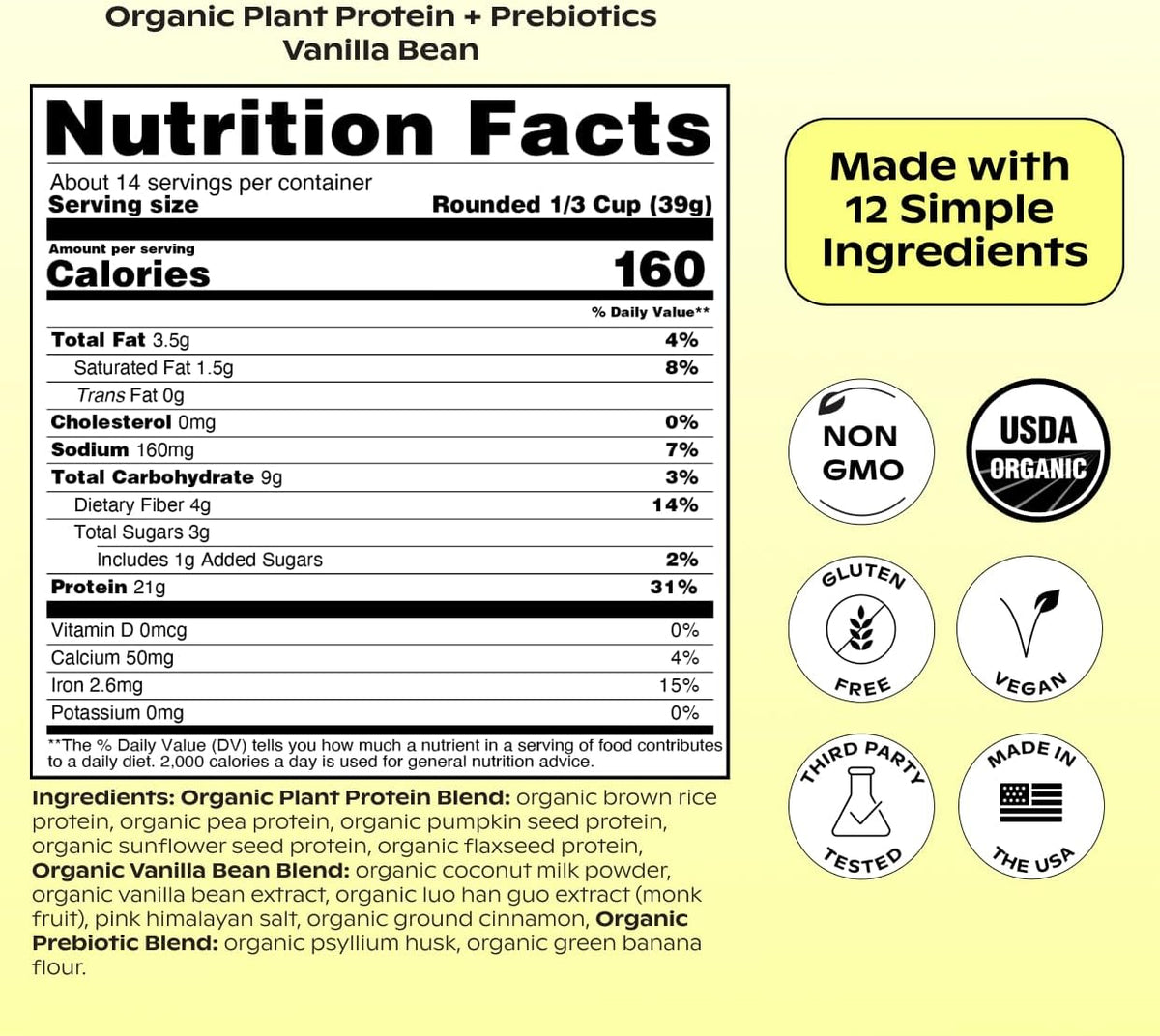 wholier Vanilla Plant Protein, 21g, 4g Fiber, Prebiotics, 14 Servings