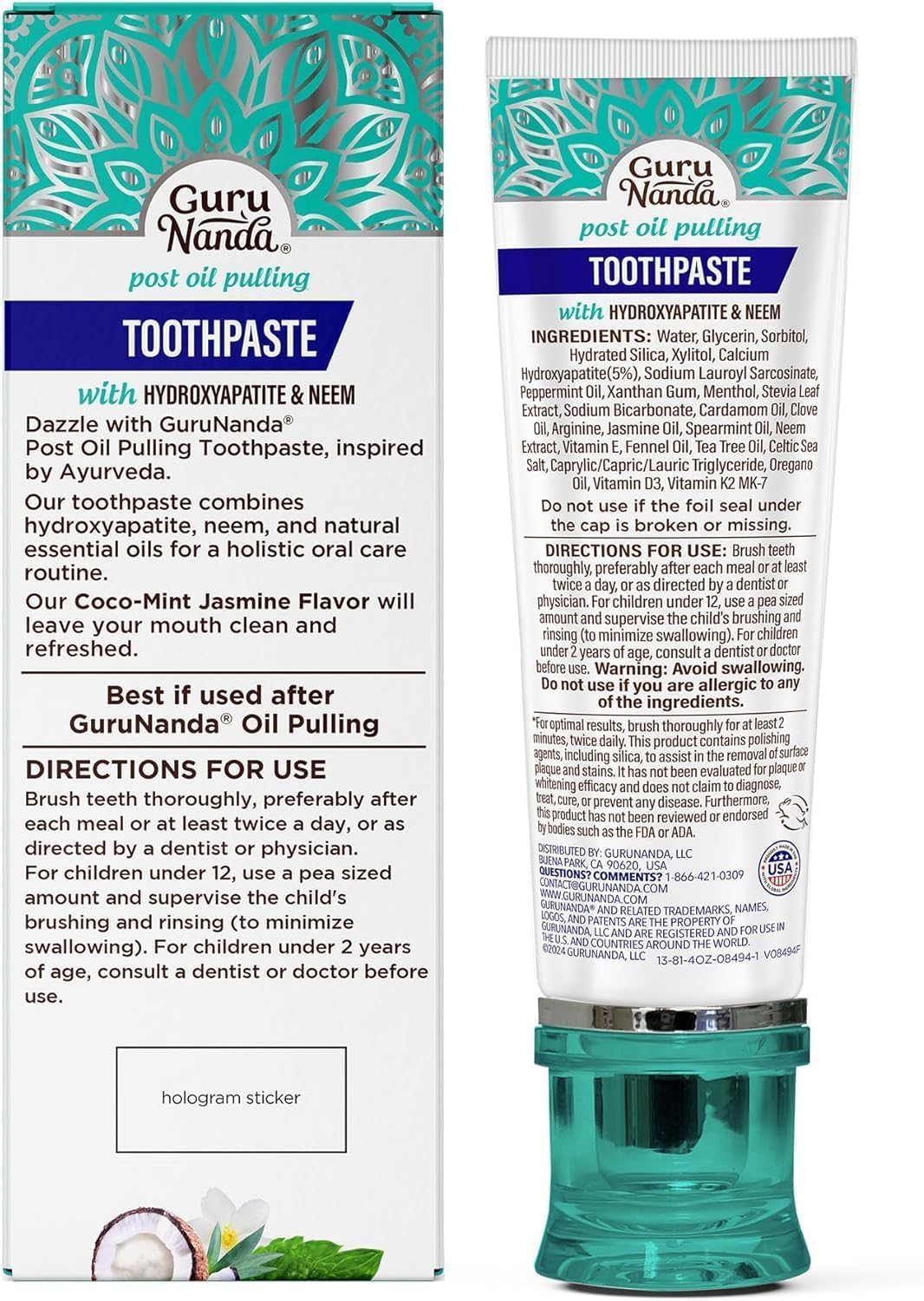 GuruNanda Hydroxyapatite Toothpaste with Neem, SLS & Fluoride Free, 4.2oz