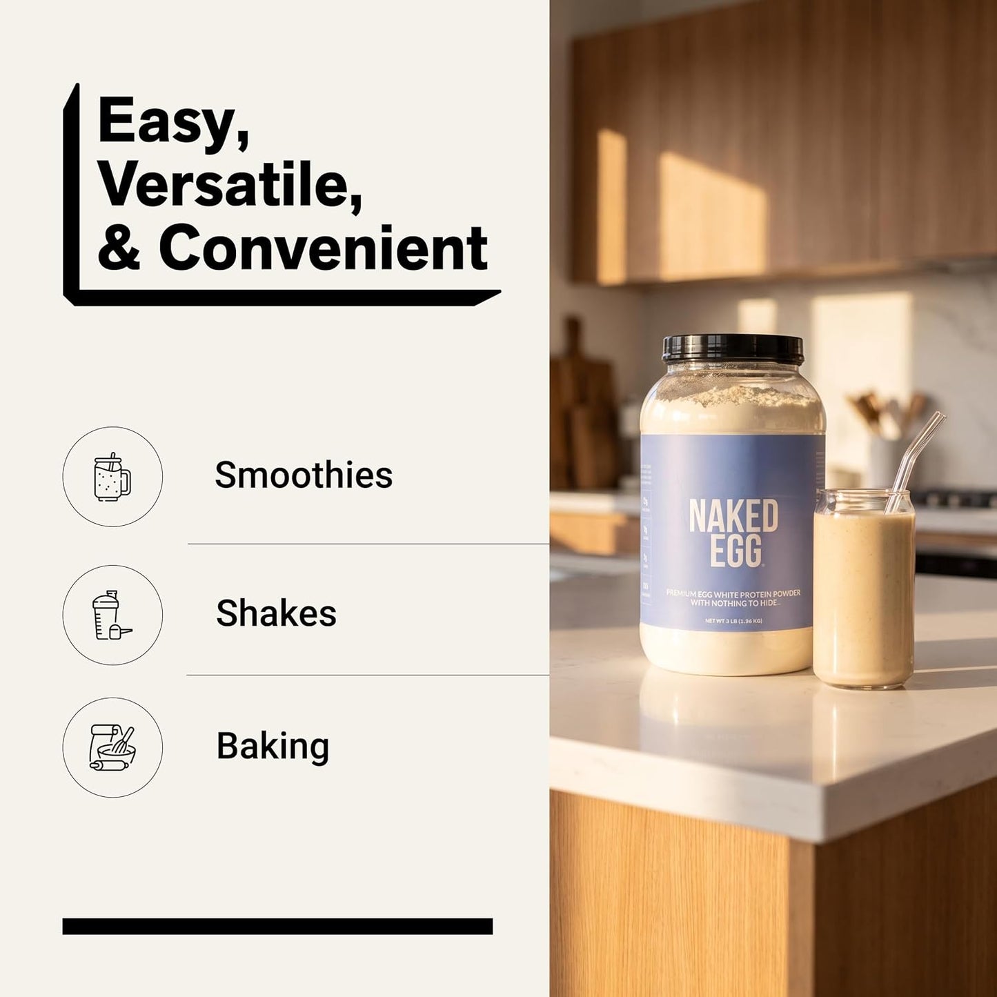 Naked 3LB Non-GMO Egg White Protein Supplement Powder, Unflavored, No Additives, Paleo, Dairy Free, Gluten Free, Soy Free – 25g Protein, 44 Servings, 3 pounds