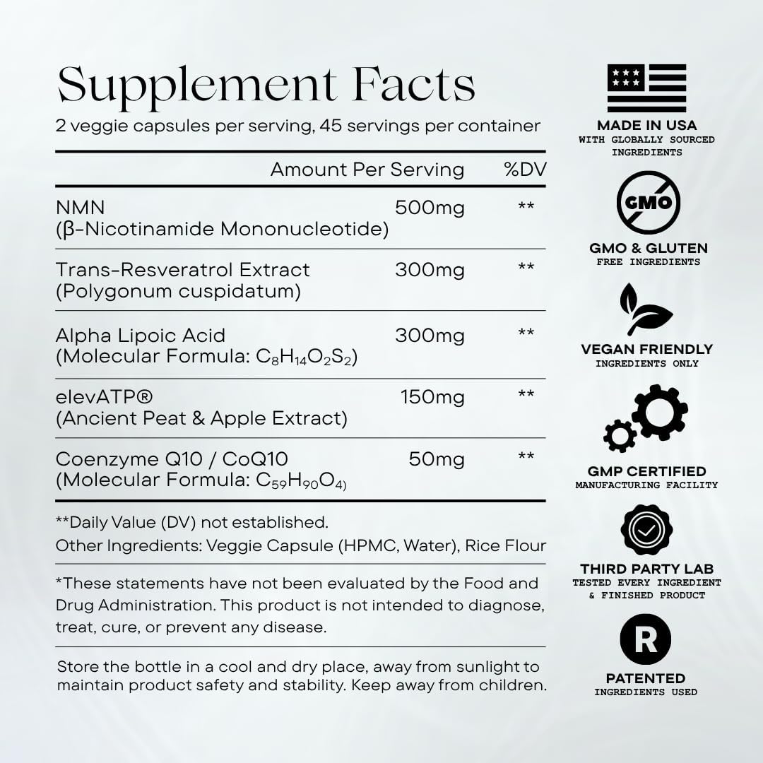 NMN Mitochondria Supplement - NMN 500mg, NAD+ & ATP Support for Cellular Vitality and Longevity - Clinically Tested elevATP, Resveratrol, CoQ10, Alpha Lipoic Acid - 90 Veggie Capsules