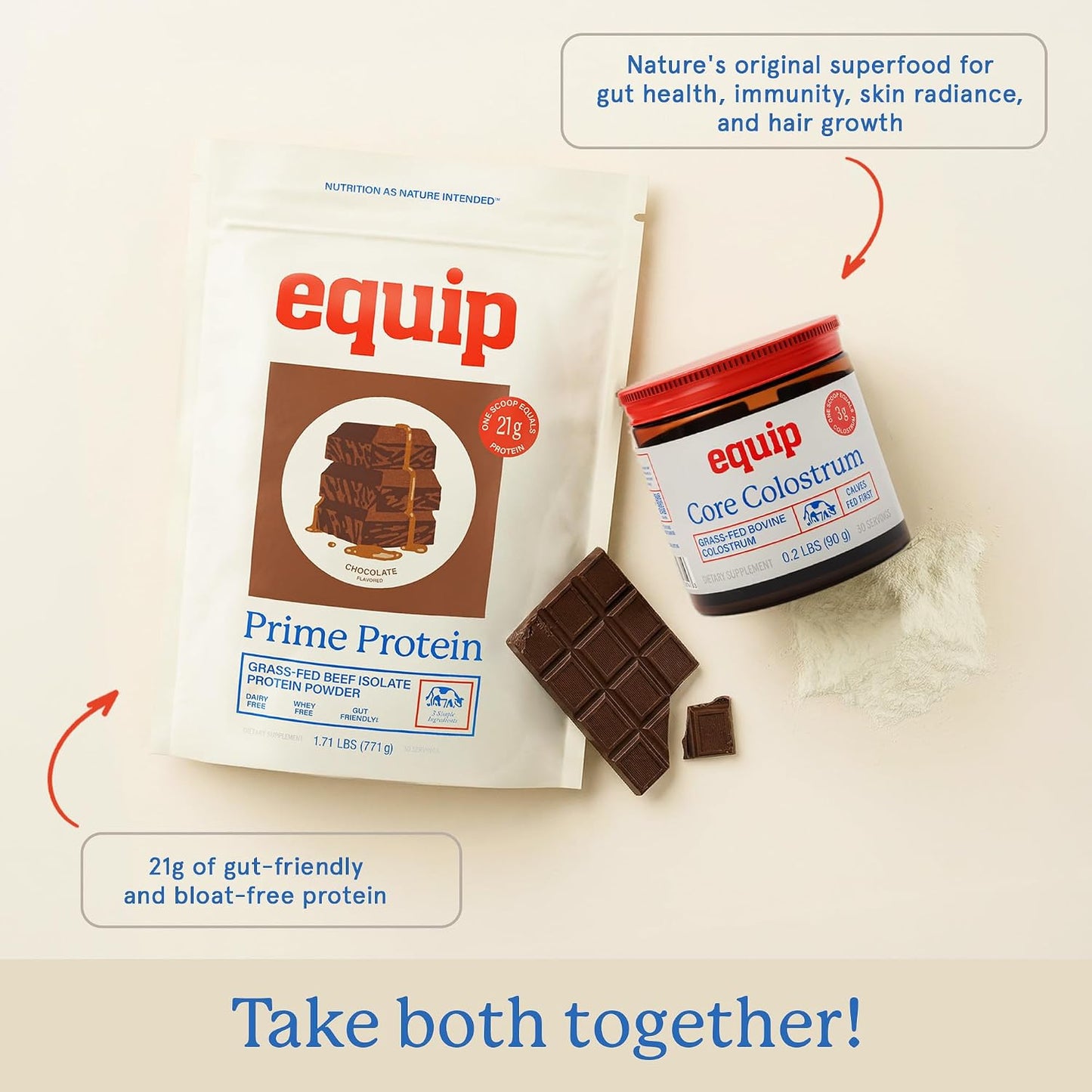 Equip Prime Chocolate Protein Powder - Gut-Friendly, No Sugar Protein Shake Powder with Grass-Fed Beef & Natural Collagen - Rich & Creamy Mix - 21g Per Serving - Whey & Dairy-Free (30 Scoops)