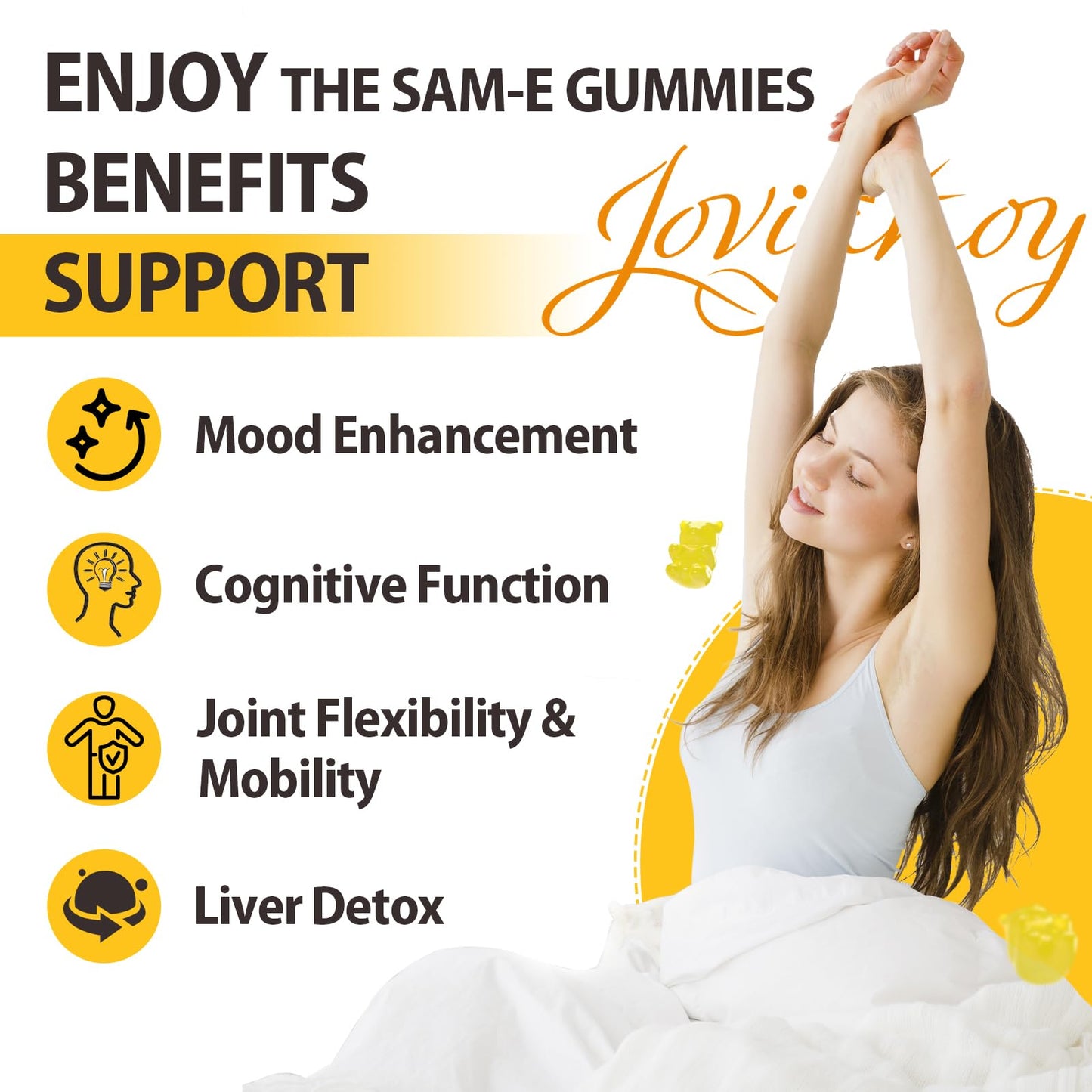 Jovianoy SAM-e Gummies with L-Tyrosine, Vitamin B Complex & NAC, CoQ10, High-Potency SAM-e Supplement - Pineapple Flavor, for Mood, Joint, Cognitive & Liver Detox, Vegan Friendly, 180 Gummies