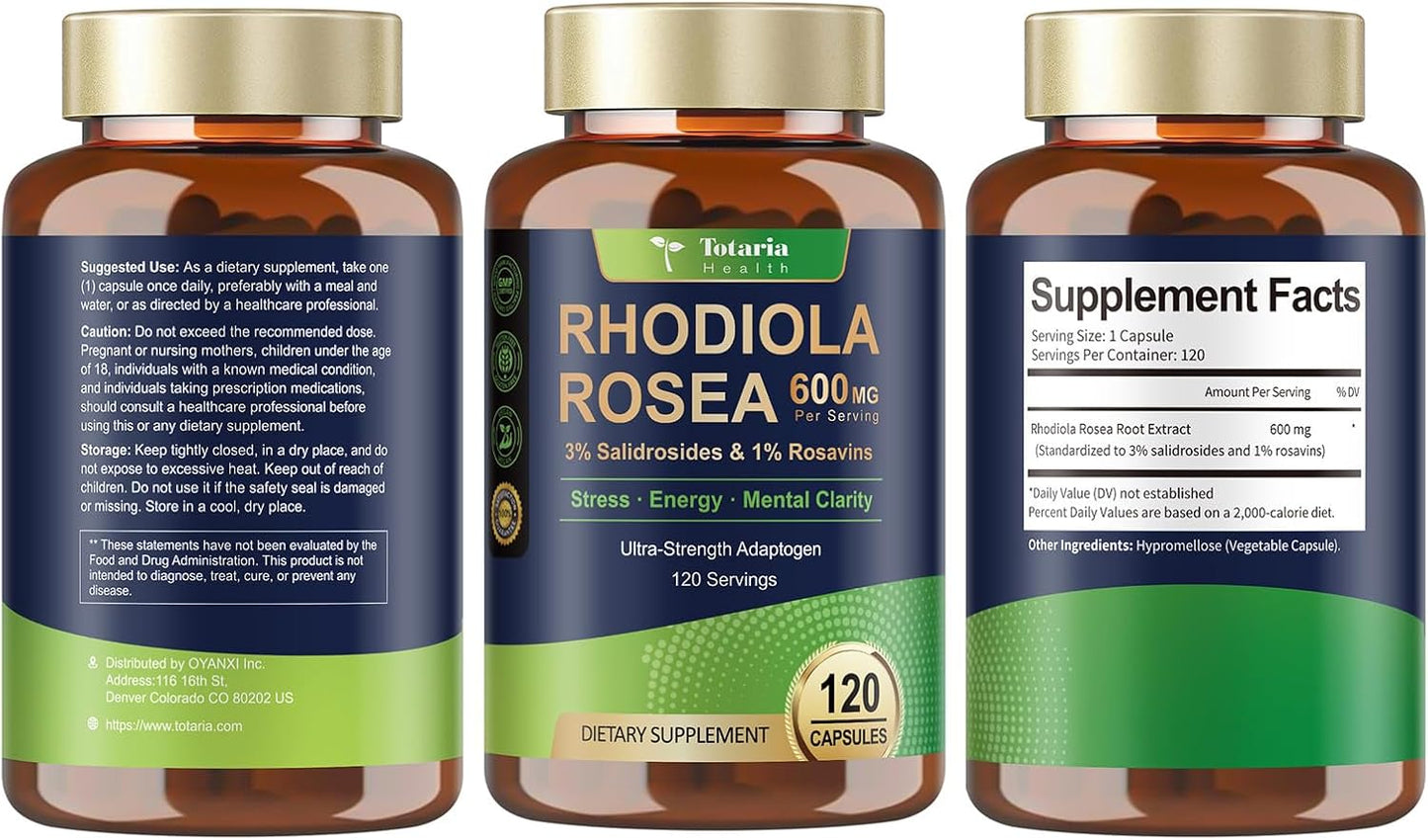 Totaria Rhodiola Rosea Supplement 600mg, 4 Month Supply, 3% Salidrosides 1% Rosavins, Vegan Golden Root Adaptogen Capsules, Rhodiola Rosea Extract Powder, for Stress, Mental Focus, Energy, 120 Counts