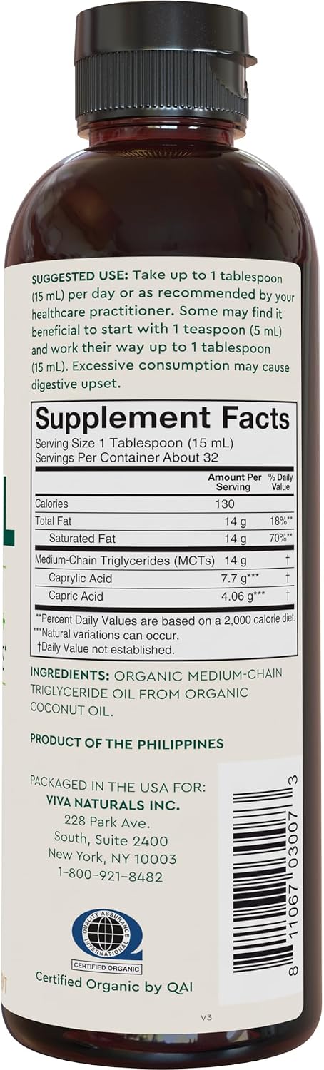 Viva Naturals Organic MCT Oil, 16 fl oz – MCT Oil for Coffee, USDA Organic, Non-GMO, Paleo Certified & Keto Friendly, Supports Energy & Mental Clarity