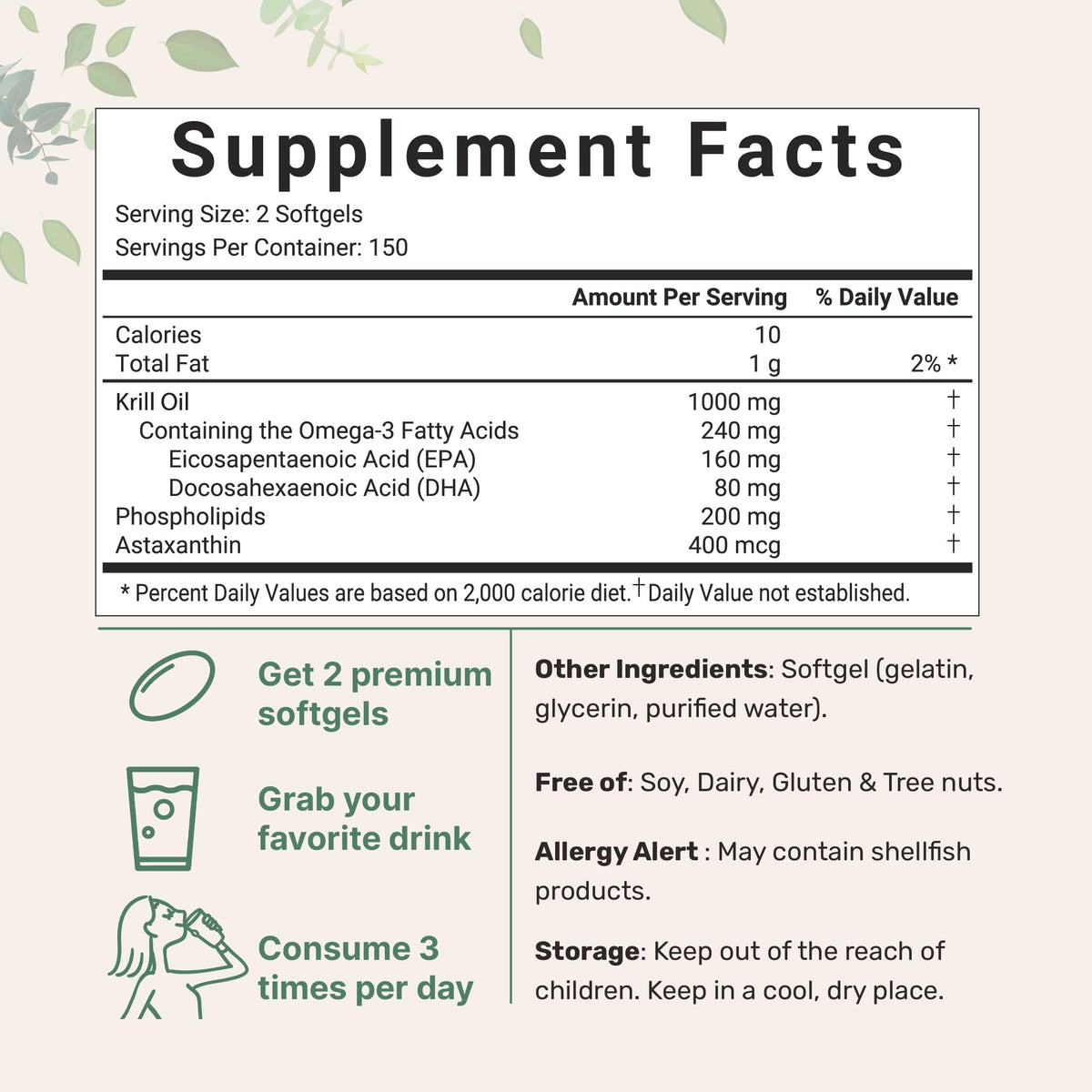 Micro Ingredients Antarctic Krill Oil Supplement, 1000mg Per Serving, 300 Soft-Gels