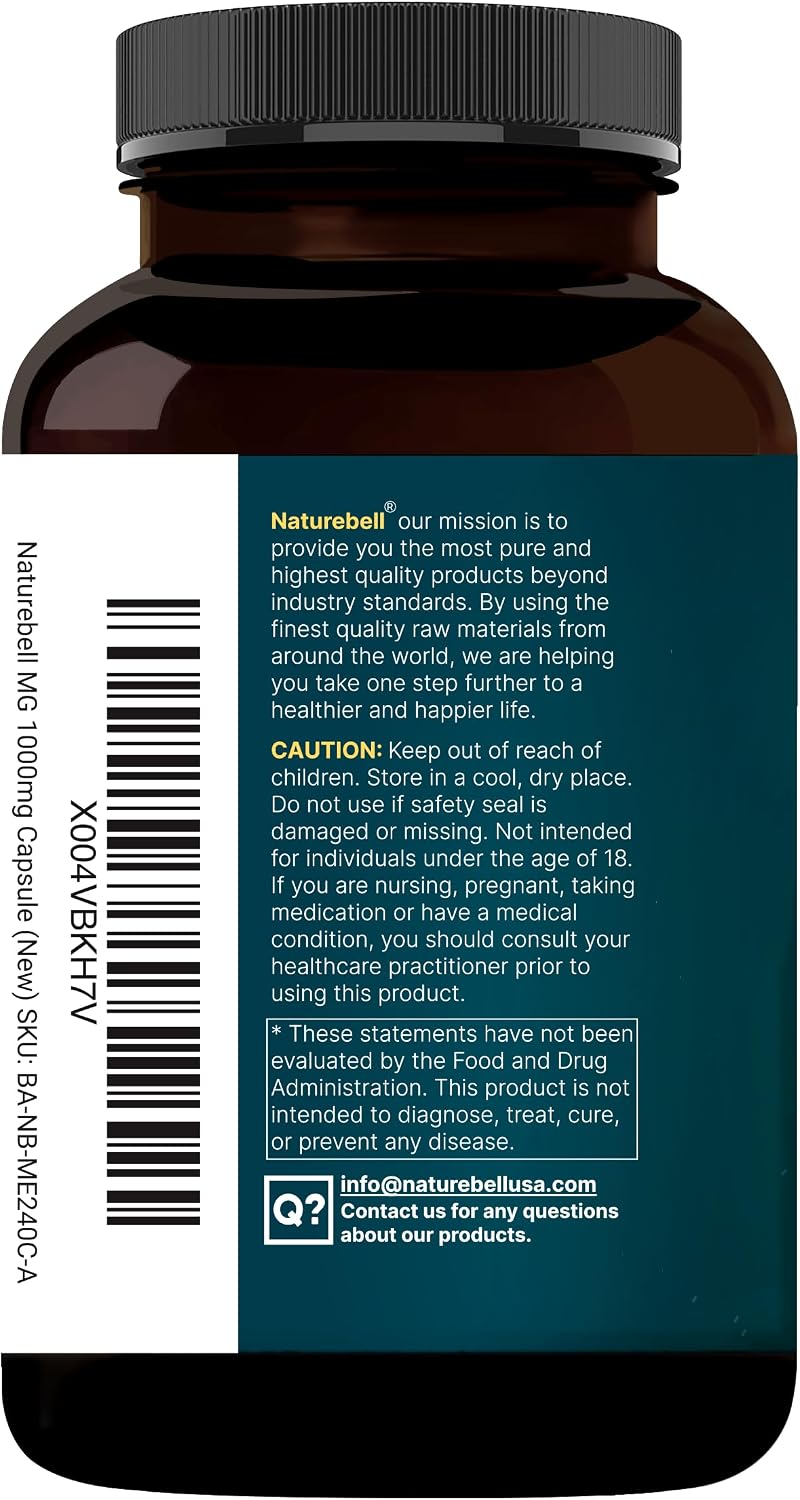 NatureBell Pure Magnesium Glycinate 1,000 mg, 240 Vegetarian Capsules | 1,000 mg Magnesium Glycinate Per Serving - Chelated Magnesium Form with Vitamin C – Non-GMO, Filler Free, cGMP Manufactured