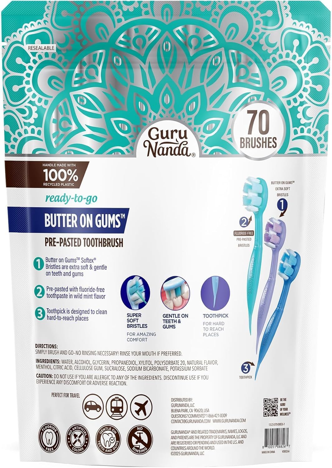 GuruNanda Disposable Travel Toothbrush 1.0, Fluoride Free Toothpaste, 70 ct