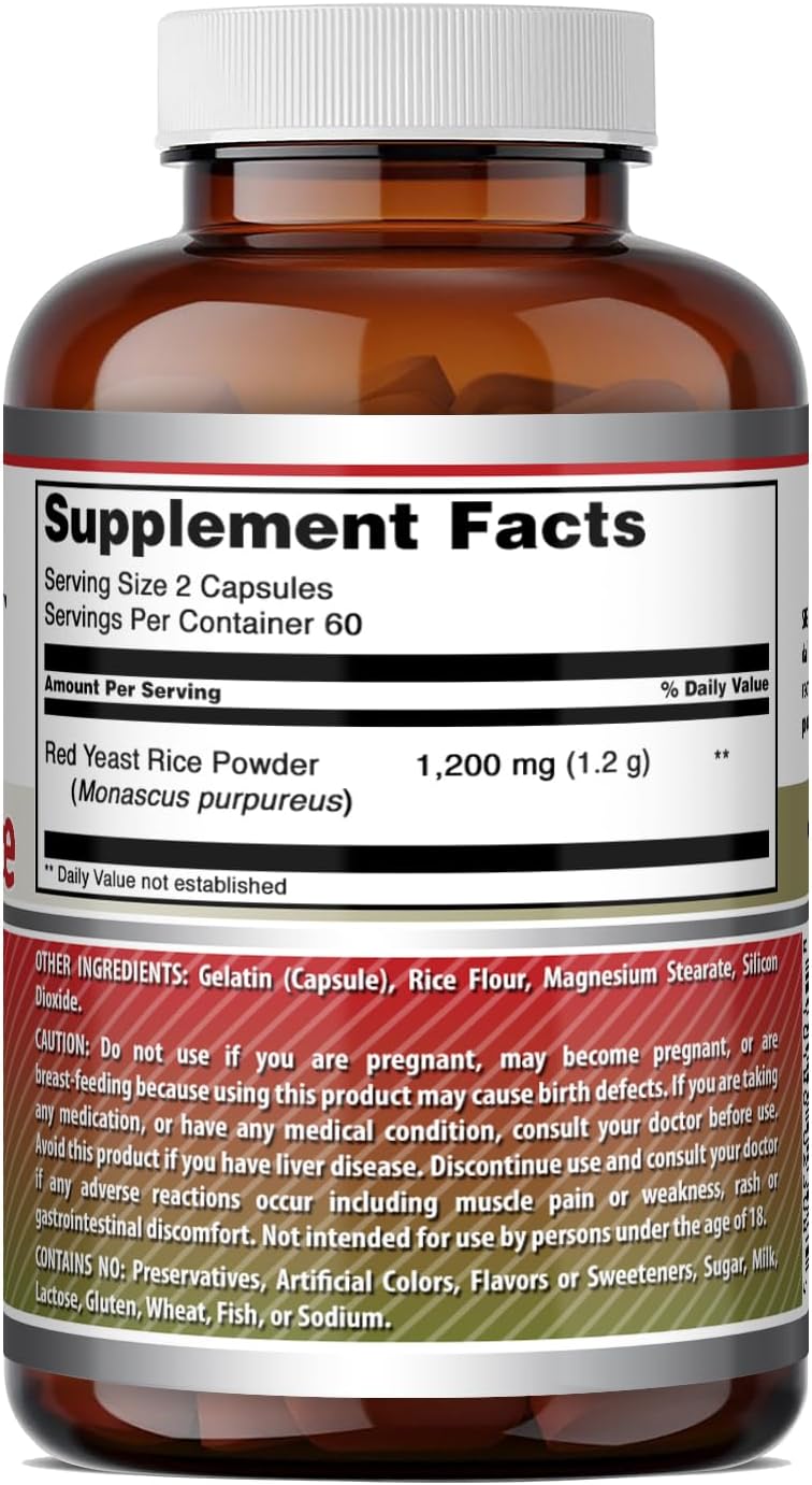 Amazing Formulas Red Yeast Rice 1200mg Per Serving Capsules Supplement | Non-GMO | Gluten Free | Made in USA (1 Pack, 120 Count)