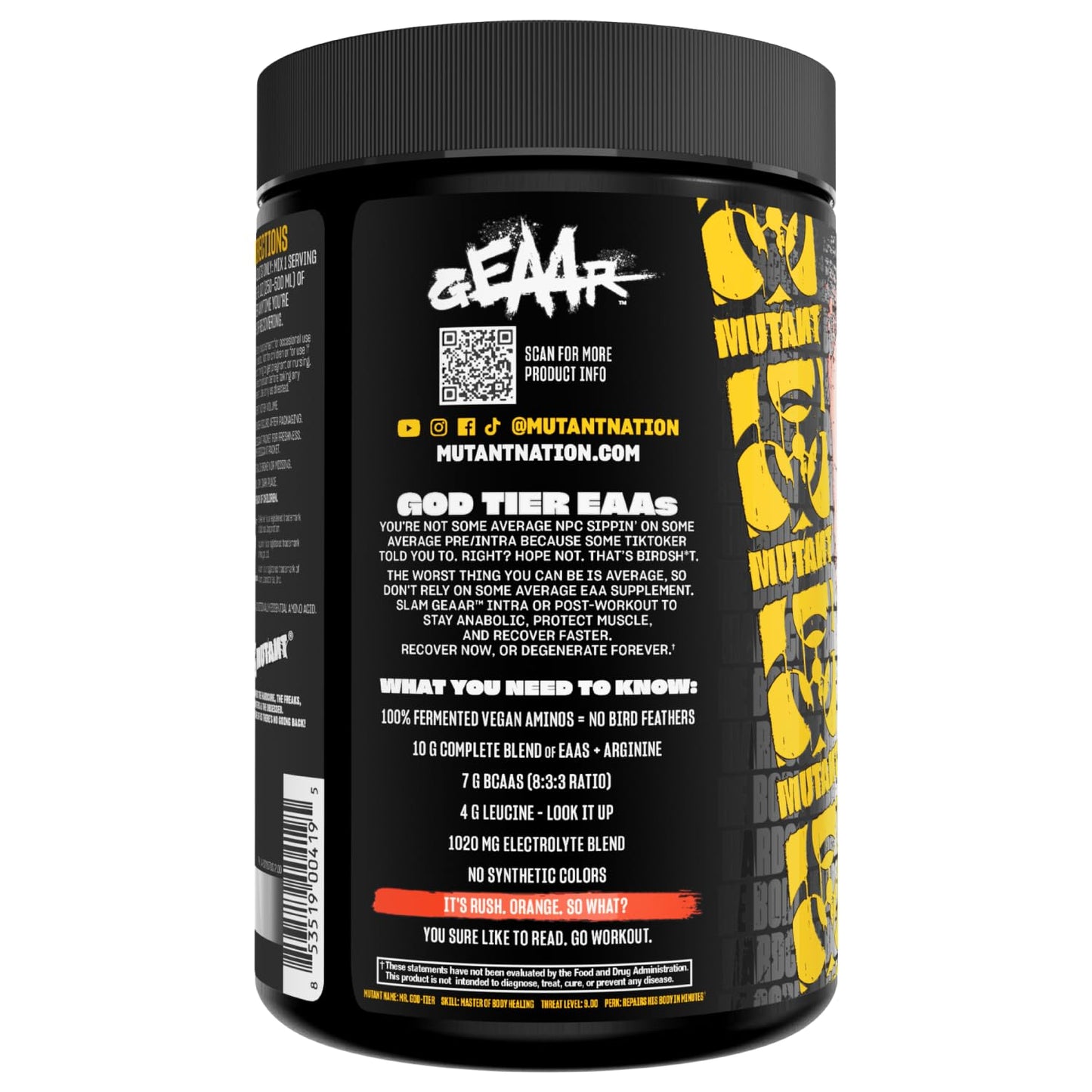Mutant GEAAR - 9.4g of EAA Powder + Arginine, 7g BCAAs, 4g Leucine, Electrolytes, Coconut Water, 30 Servings - Fruit Punch