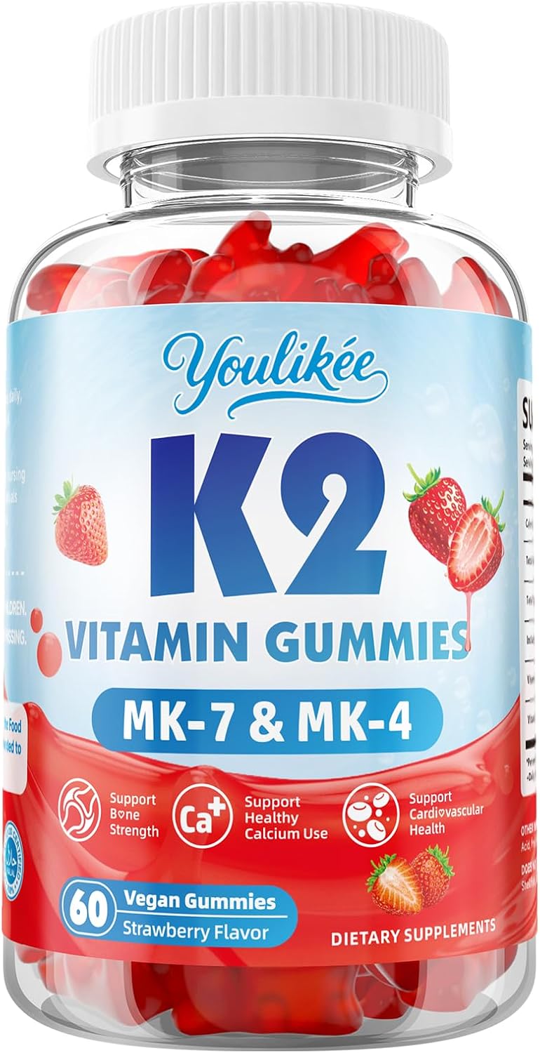 Vitamin K2 Gummies, Dual Formula Vitamin K2 Supplement with MK-7 & MK-4, Supports Bone Health, Gluten-Free, Sugar-Free, Non-GMO, Strawberry Flavor, 60 Gummies