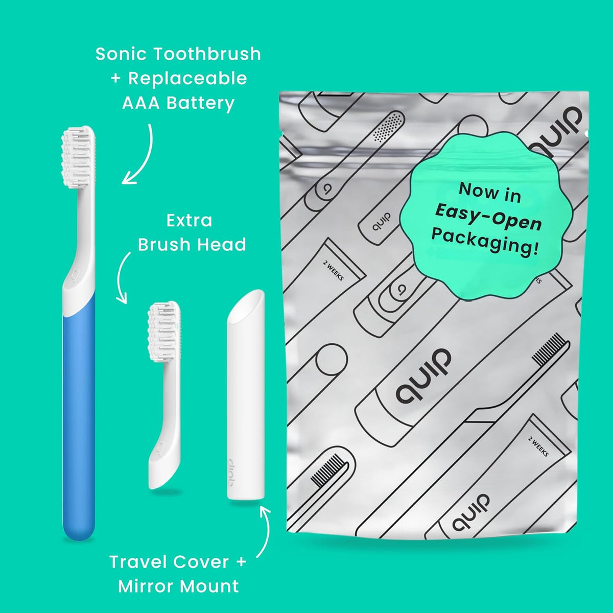 Quip Sonic Toothbrush for Adults with Replacement Heads 3 Pack Product Bundle - Includes Travel Cover Mount - Electric, Soft, Plastic Handle, 3 Month Battery Life - Blue