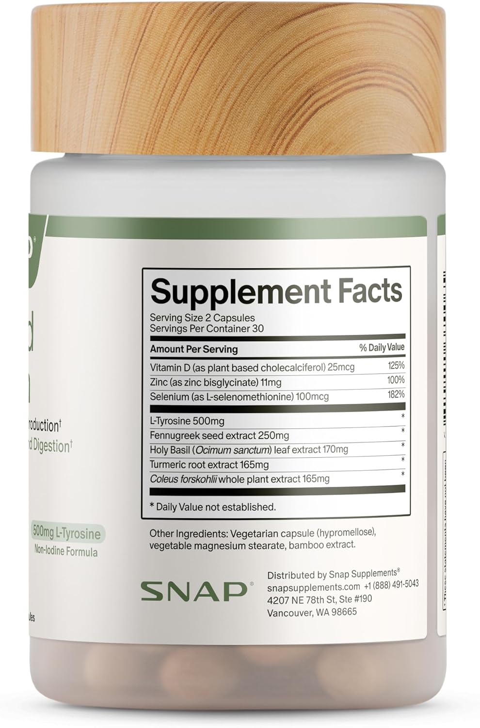 Snap Supplements Thyroid Health, Selenium, Zinc, L-Tyrosine, 60 Capsules | Thyroid Support Supplement for Women & Men, Botanicals for Metabolism, Energy & Endocrine Balance, Iodine-Free, Vegan