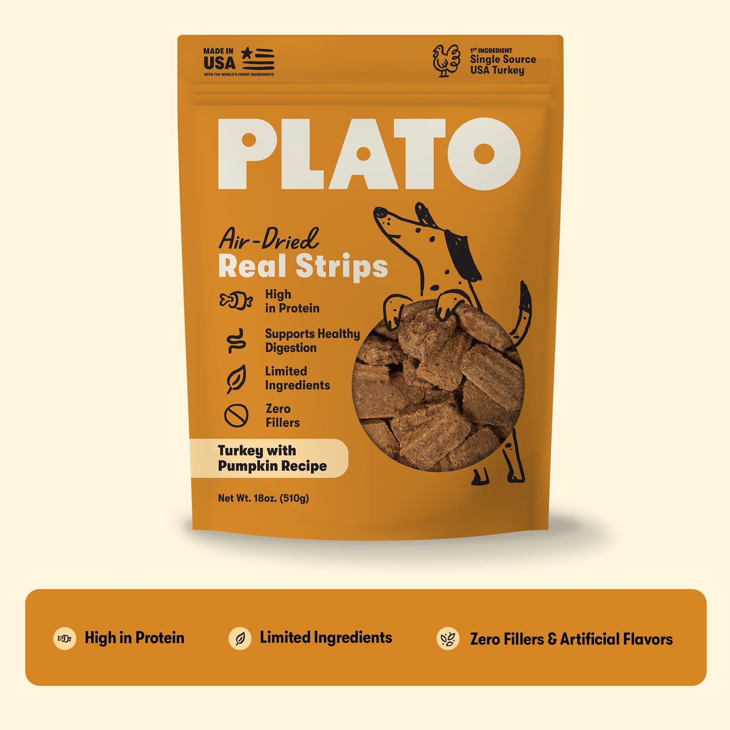 Plato Real Strips Turkey & Pumpkin Recipe Dog Treats, Air-Dried High-Protein Grain-Free Soft Strips with Real Pumpkin, 18 oz
