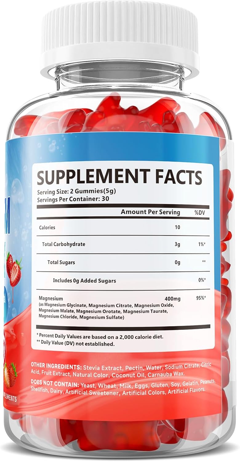 Magnesium Complex Gummies 400mg - 8 Forms for Muscle & Calm Support | Glycinate, Malate, Citrate, Taurate & 4 more for Women and Men, Sugar-free, Vegan, Strawberry Flavor, 60 Count