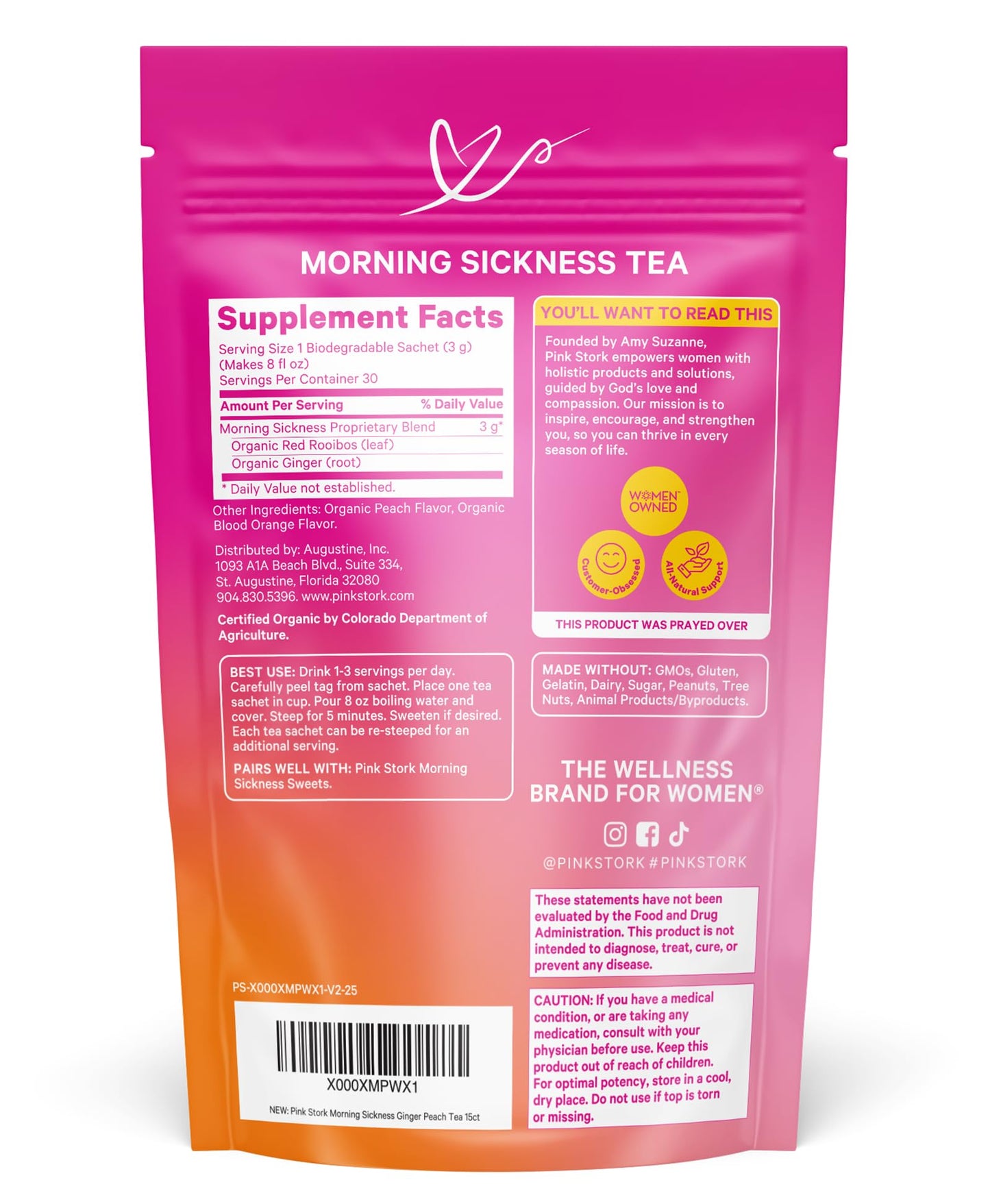 Pink Stork Organic Morning Sickness Pregnancy Tea - Hot or Iced Tea - Prenatal Heartburn, Indigestion, and Constipation Support - 1st Trimester Pregnancy Must Haves - Ginger Peach, 15 Sachets