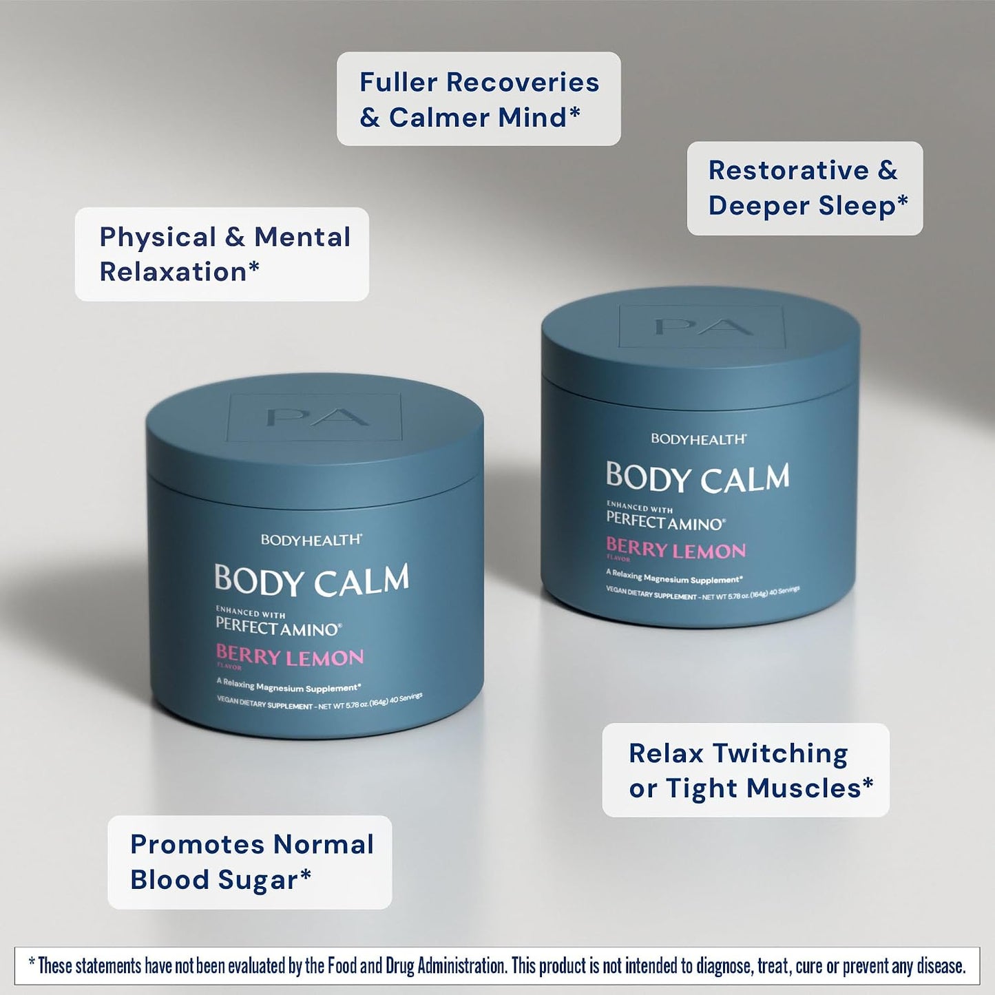 BodyHealth Body Calm Enhanced with PerfectAmino, High Absorption Magnesium Supplement for Men and Women, Magnesium Powder for Sleep, Berry Lemon (40 Servings)
