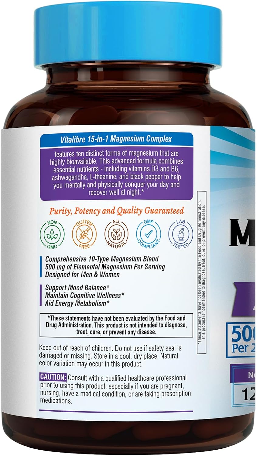 Vitalibre 15 in 1 Magnesium Complex for Women Men, 120 Vegan Capsules | Magnesium Glycinate, Malate, Taurate and More, with Ashwagandha, L-Theanine, Vitamin D3 & B6, Relaxation, Bone, Nerve Support