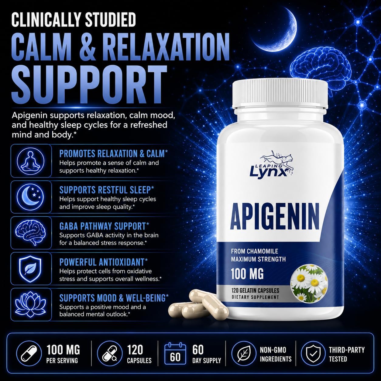 Leaping Lynx Apigenin 100 mg Per Serving (50 mg Per Capsule), 120 Capsules | 60 Day Supply | Sleep Support Supplement for Relaxation, Calm Mood & Healthy Aging | Marigold Extract | Non-GMO