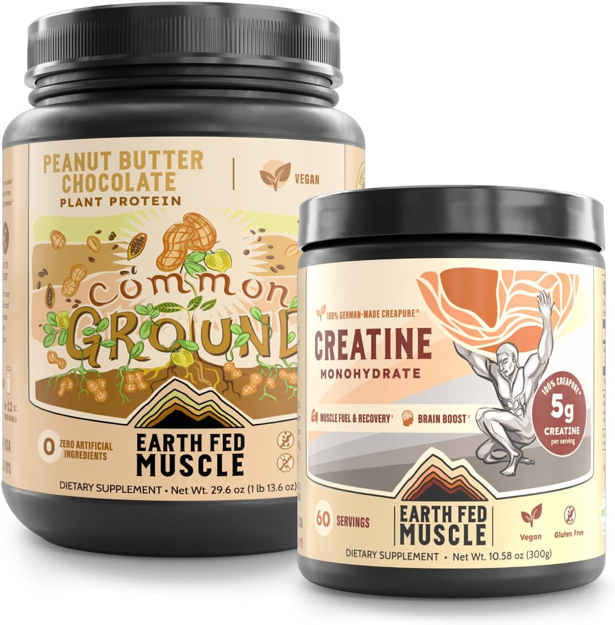 Earth Fed Muscle Vegan Strength & Recovery Bundle – Common Ground Plant-Based Protein (Chocolate Peanut Butter) + Transcend German Creapure Creatine Monohydrate – Muscle Support & Performance – 2-Pack