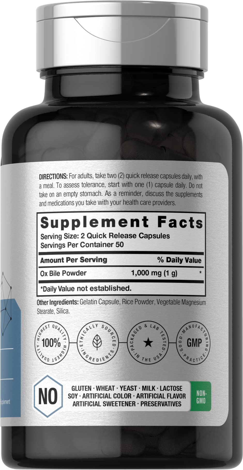 Ox Bile 1000 mg 100 Capsules | Digestive Enzymes Supplement | Non-GMO & Gluten Free