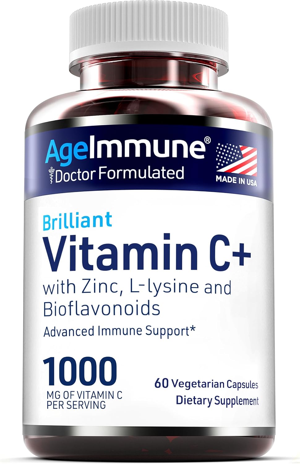 AgeImmune Vitamin C 1000mg Complex with L-Lysine 500mg, Zinc 12mg, Bioflavonoids 300mg. Doctor Formulated Magnesium Stearate Free Supplements for Healthy Immune System Support.(1)