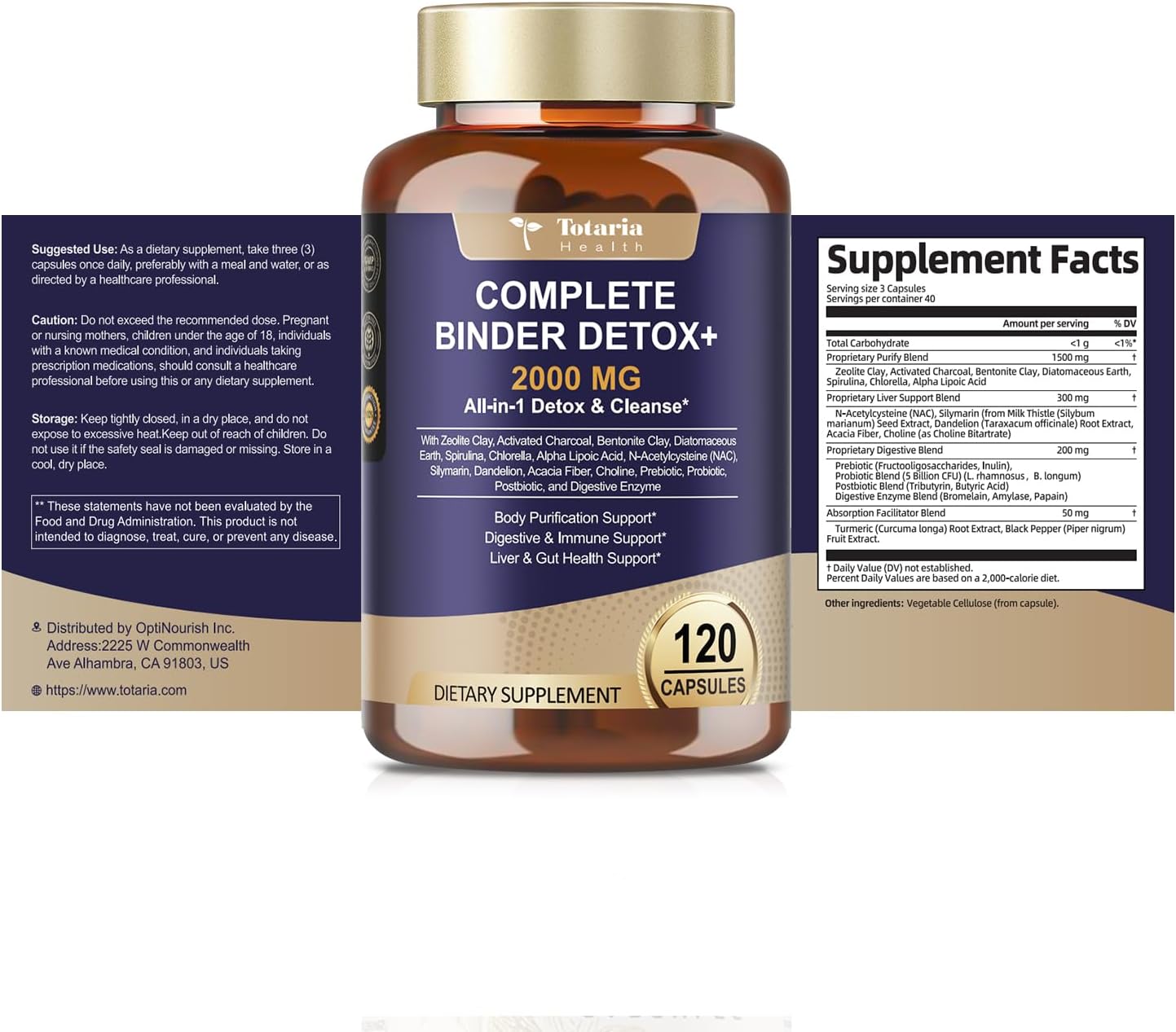 Totaria 2000MG All-in-1 Detox Binder, Activated Charcoal, Zeolite, Bentonite Clay, Alpha Lipoic Acid, 7-Layer Detox & Cleanse Supplement, Liver & Gut Support, 120 Counts