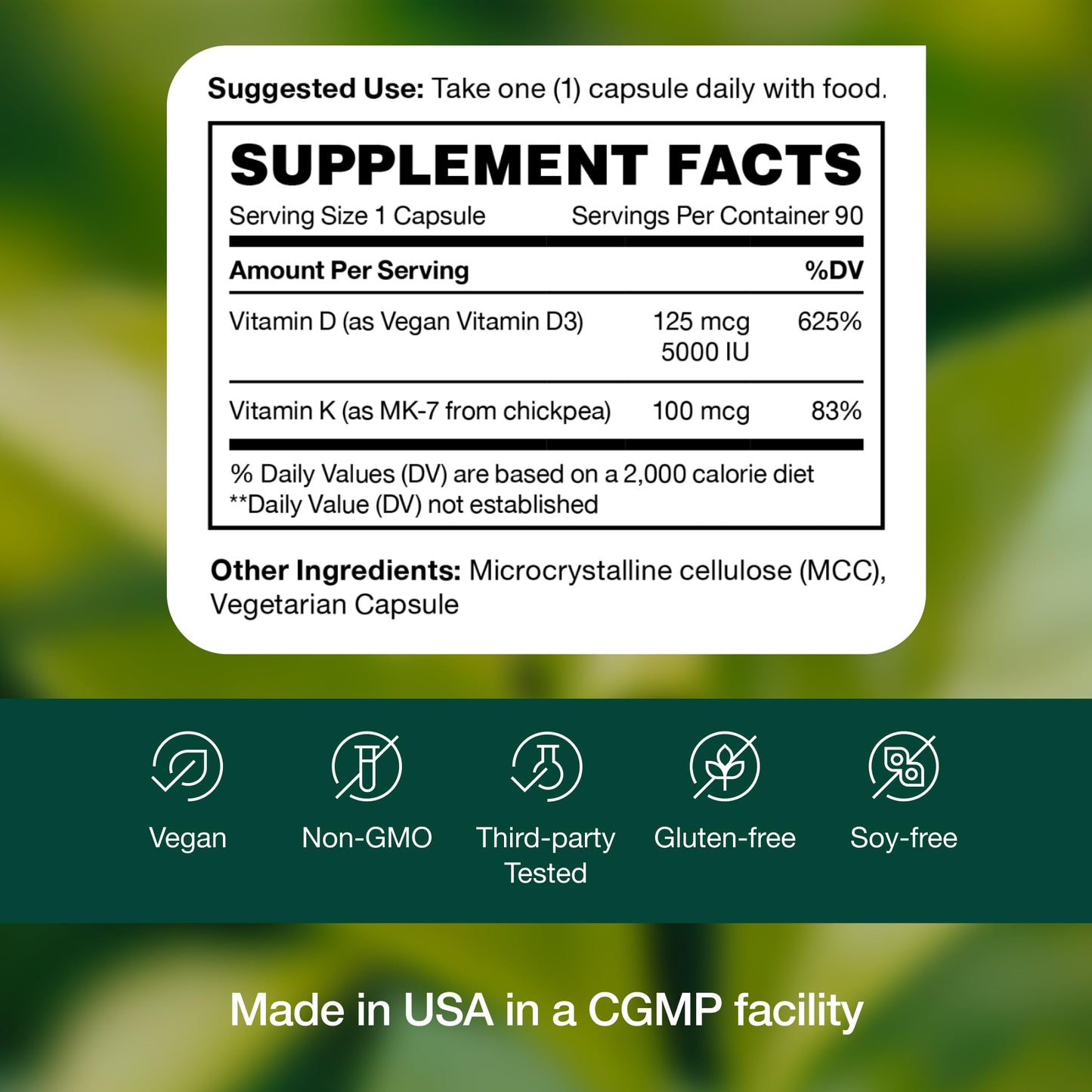 Fresh Nutrition Vegan Vitamin D3 + K2 Capsules - 5000 IU D3 + 100mcg K2 as MK-7 for Optimal Absorption - Immune Health, Bone Health, Mood - Non GMO - 90 Capsules, 3 Month Supply