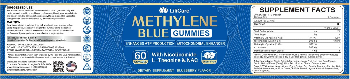 LILICARE Methylene Blue Gummies for Humans | Fast-Absorbing, Vegan, 120 Counts